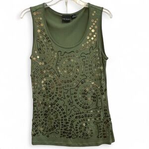 Tribal Chico's Olive Tank Top Metallic Accents Layer Swirl Beaded Sequins M Med